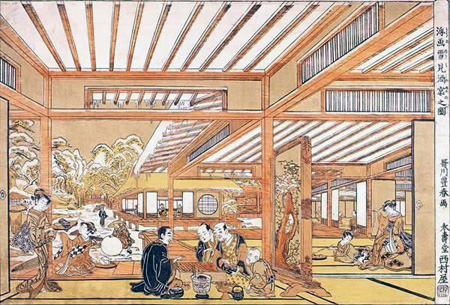 歌川豊春画「浮画雪見酒宴之図」