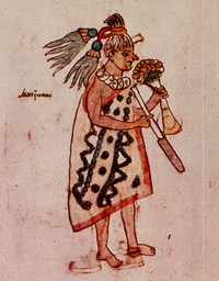 左手に花束、右手にたばこを持ってくつろぐアステカ王国のモクテスマ王。