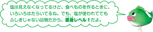 塩は見えなくなってるけど、食べ物を作るときに、いろいろはたらいてるね。でも、塩が使われていても不思議じゃない品物だから、変身レベル1だよ。