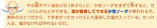 牛の脂やヤシ油などの「あぶら」に、か性ソーダをまぜて熱すると、せっけんのもとができる。塩が変身してできるか性ソーダが使われるぞ。原料のひとつだから、できあがったせっけんにも変身した塩が入っている。せっけんは、塩がなければ作れないのだ。