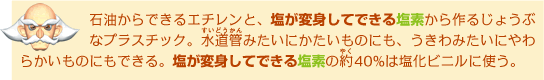 石油からできるエチレンと、塩が変身してできる塩素から作るじょうぶなプラスチック。水道管みたいにかたいものにも、うきわみたいにやわらかいものにもできる。塩が変身してできる塩素の約40%は塩化ビニルに使う。