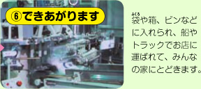 ⑥できあがります　袋や箱、ビンなどに入れられ、船やトラックでお店に運ばれて、みんなの家にとどきます。