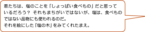 君たちは、塩のことを「しょっぱい食べもの」だと思っているだろう？ それもまちがいではないが、塩は、食べものではない品物にも使われるのだ。それを絵にした「塩の木」をみてくれたまえ。