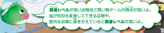変身レベルが高い品物ほど買い物ゲームの得点が高いよ。塩が何回も変身してできる品物や、意外な品物に姿を変えていると変身レベルが高いよ。