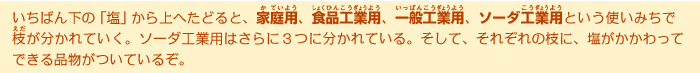 いちばん下の「塩」から上へたどると、家庭用、食品工業用、一般工業用、ソーダ工こう業ぎょう用ようという使いみちで枝えだが分かれていく。ソーダ工業用はさらに３つに分かれている。そして、それぞれの枝に、塩がかかわってできる品物がついているぞ。
