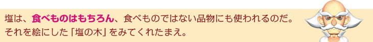 塩は、食べ物はもちろん、食べ物でない品物にも使われるのだ。それを絵にした「塩の木」をみてくれたまえ。