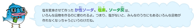塩を変身させて作ったか性ソーダ、塩素、ソーダ灰は、いろんな品物を作るのに使われるよ。つまり、塩がないと、みんなのうちにもあるいろんな品物が作れなくなっちゃうというわけだね。
