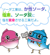 ソーダ工業は、か性ソーダ、塩素、ソーダ灰に塩を変身させる工業だよ。