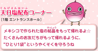 天日塩配布コーナー　メキシコで作られた塩の結晶をもって帰れるよ☆たくさんのお友だちがもって帰れるように、“ひとり1袋”というやくそくを守ろうね