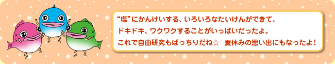 “塩”にかんけいする、いろいろなたいけんができて、ドキドキ、ワクワクすることがいっぱいだったよ。これで自由研究もばっちりだね☆　夏休みの思い出にもなったよ！
