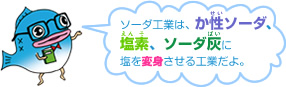 ソーダ工業は、か性ソーダ、塩素、ソーダ灰に塩を変身させる工業だよ。