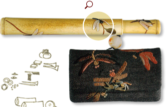 木綿縫いつぶし蜻蛉模様腰差したばこ入れ