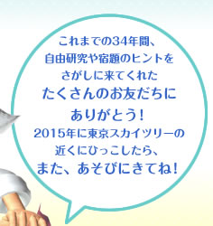 これまでの34年間、
自由研究や宿題のヒントを
さがしに来てくれた
たくさんのお友だちに
ありがとう!
2015年に東京スカイツリーの
近くにひっこしたら、
また、あそびにきてね!
