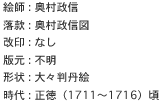 絵師 : 奥村政信
落款 : 奥村政信図
改印 : なし
版元 : 不明
形状 : 大々判丹絵
時代 : 正徳（1711〜1716）頃