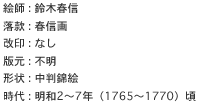 絵師 : 鈴木春信
落款 : 春信画
改印 : なし
版元 : 不明
形状 : 中判錦絵
時代 : 明和2〜7年（1765〜1770）頃