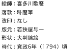 絵師 : 喜多川歌麿
落款 : うた麿筆
改印 : なし
版元 : 若狭屋与一
形状 : 大判錦絵
時代 : 寛政6年（1794）頃