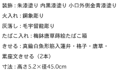 装飾 : 朱漆塗り 内黒漆塗り 小口外側金青漆塗り
火入れ : 銅象彫り
灰落し : 毛宇留龍彫り
たばこ入れ : 梅鉢唐草蒔絵たばこ箱
きせる : 真鍮白魚形筋入蓮弁・格子・唐草・累座文きせる（2本）
寸法 : 高さ5.2×径45.0cm