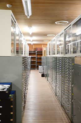 清掃後の収蔵庫。3ヶ月の努力の成果。収まるべきところに資料が収まり、通路も広々。床もキャビネットもきれいになって、職員一同心も軽やか。